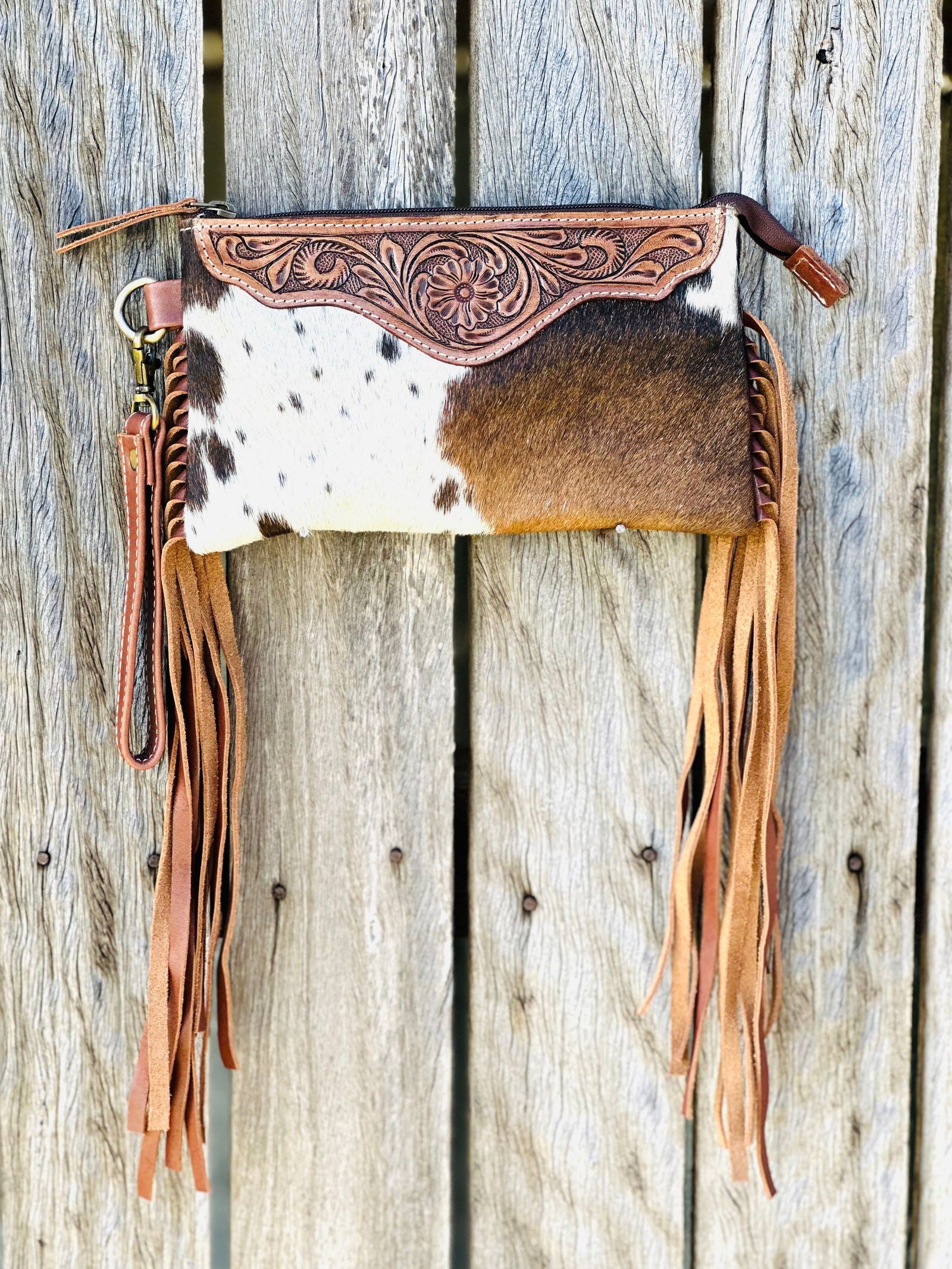 Homer & Hide Cowhide Clutch with Tassels & Tooling Details - Bags - Dustybutts Australia