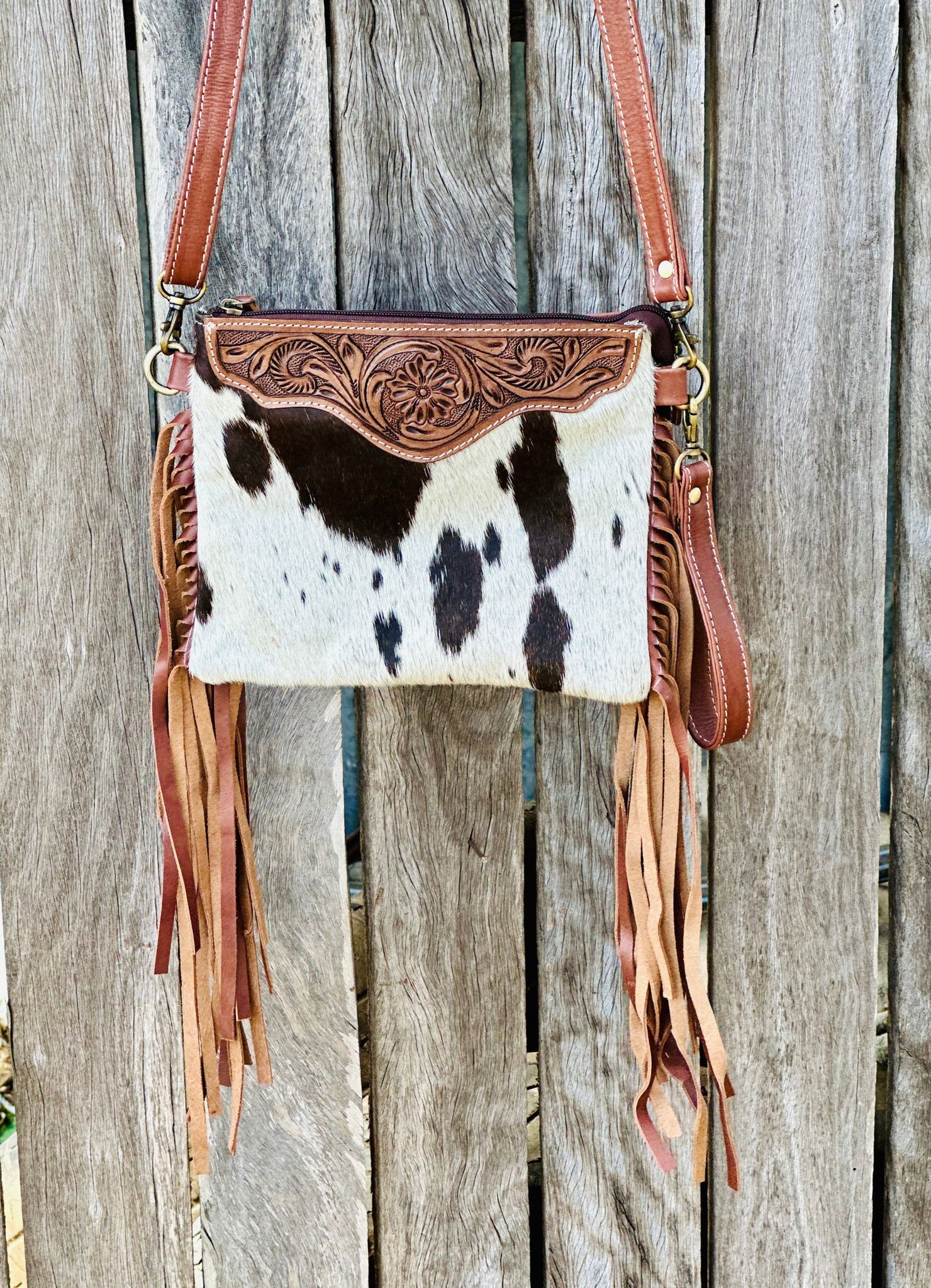 Homer Hide Cowhide Crossbody with Tassels Tooling Detail Dustybutts Australia