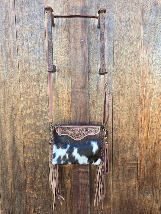 Homer & Hide Cowhide Crossbody with Tassels & Tooling Detail // Brown