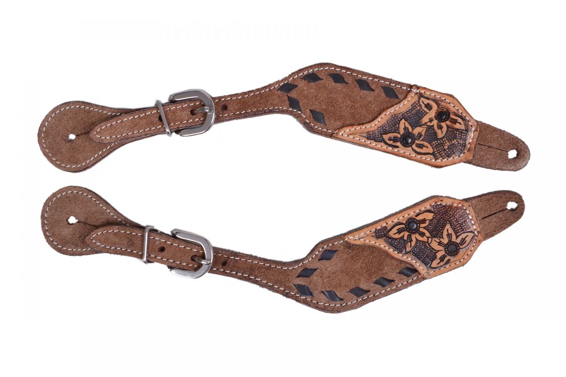 Ladies Chocolate Rough Out Leather Spur Straps with Black Buckstitch