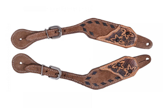 Ladies Chocolate Rough Out Leather Spur Straps with Black Buckstitch
