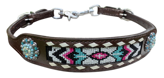 Dark Leather Beaded Wither Strap With White Rawhide Lacing