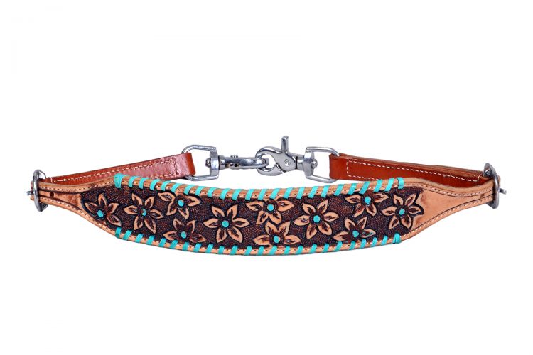 Leather Wither Strap With Tooled Flowers With Teal Accents