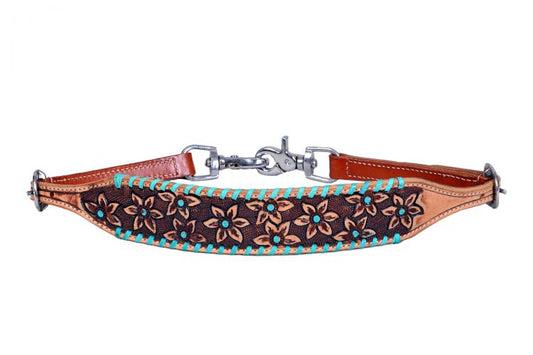 Leather Wither Strap With Tooled Flowers With Teal Accents
