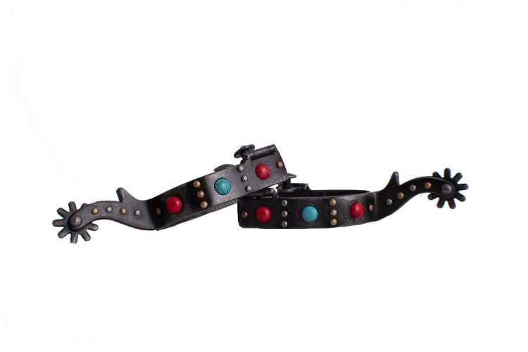 Antique Grey Steel Spur With Red & Teal Marble Studs