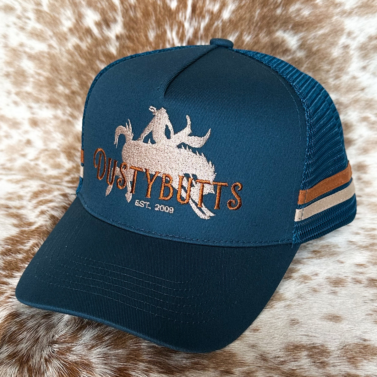 Dustybutts Trucker Cap // Ponytail // Navy & Gold