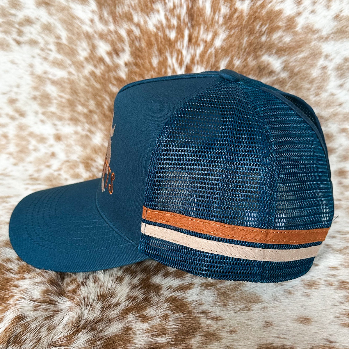Dustybutts Trucker Cap // Ponytail // Navy & Gold