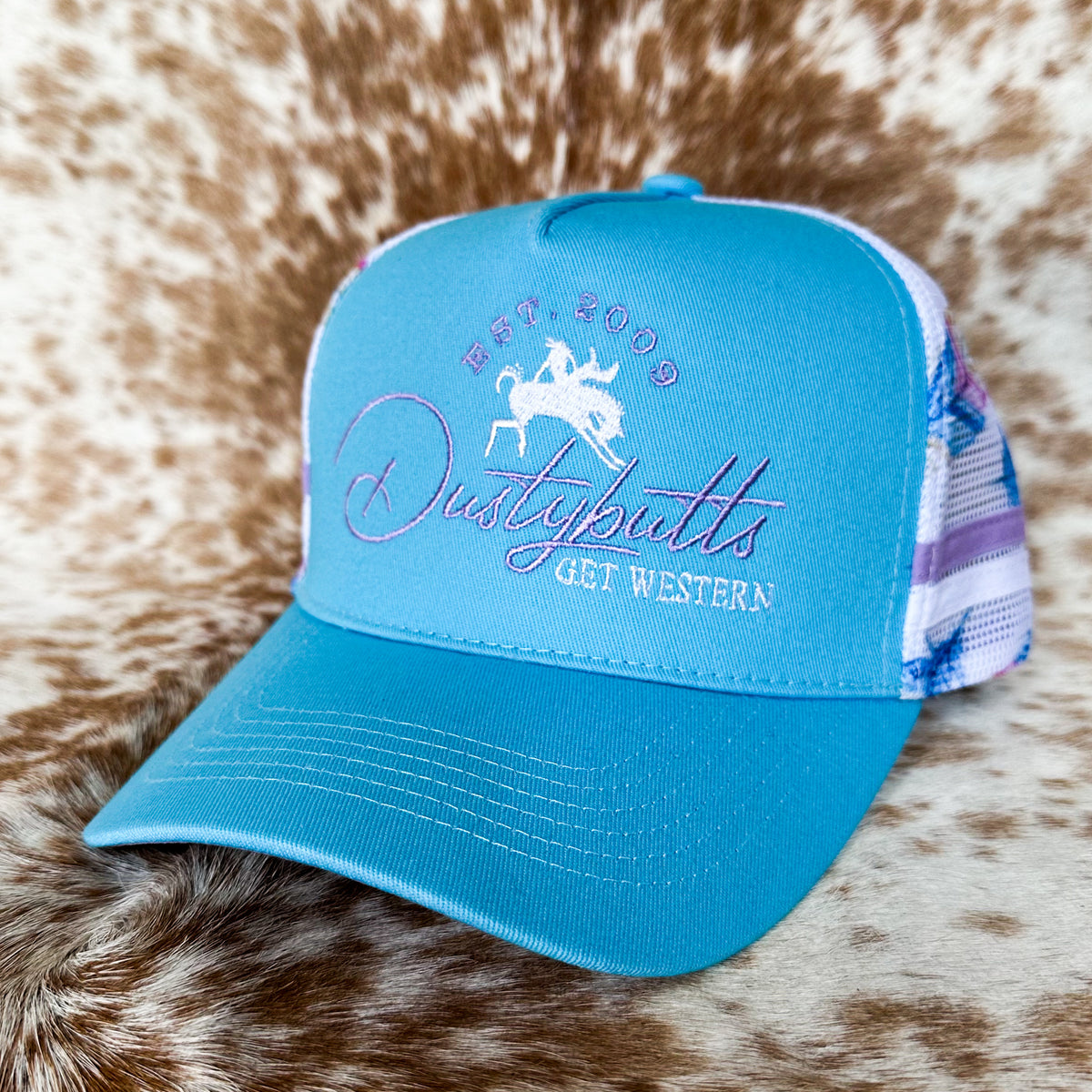Dustybutts Trucker Cap // Ponytail // Light Blue & Feather