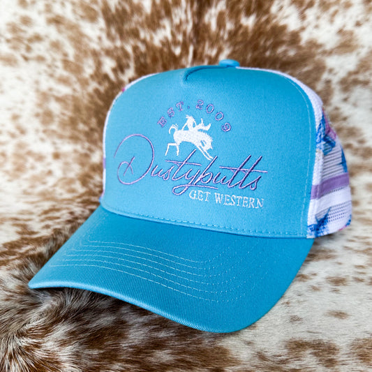 Dustybutts Trucker Cap // Ponytail // Light Blue & Feather
