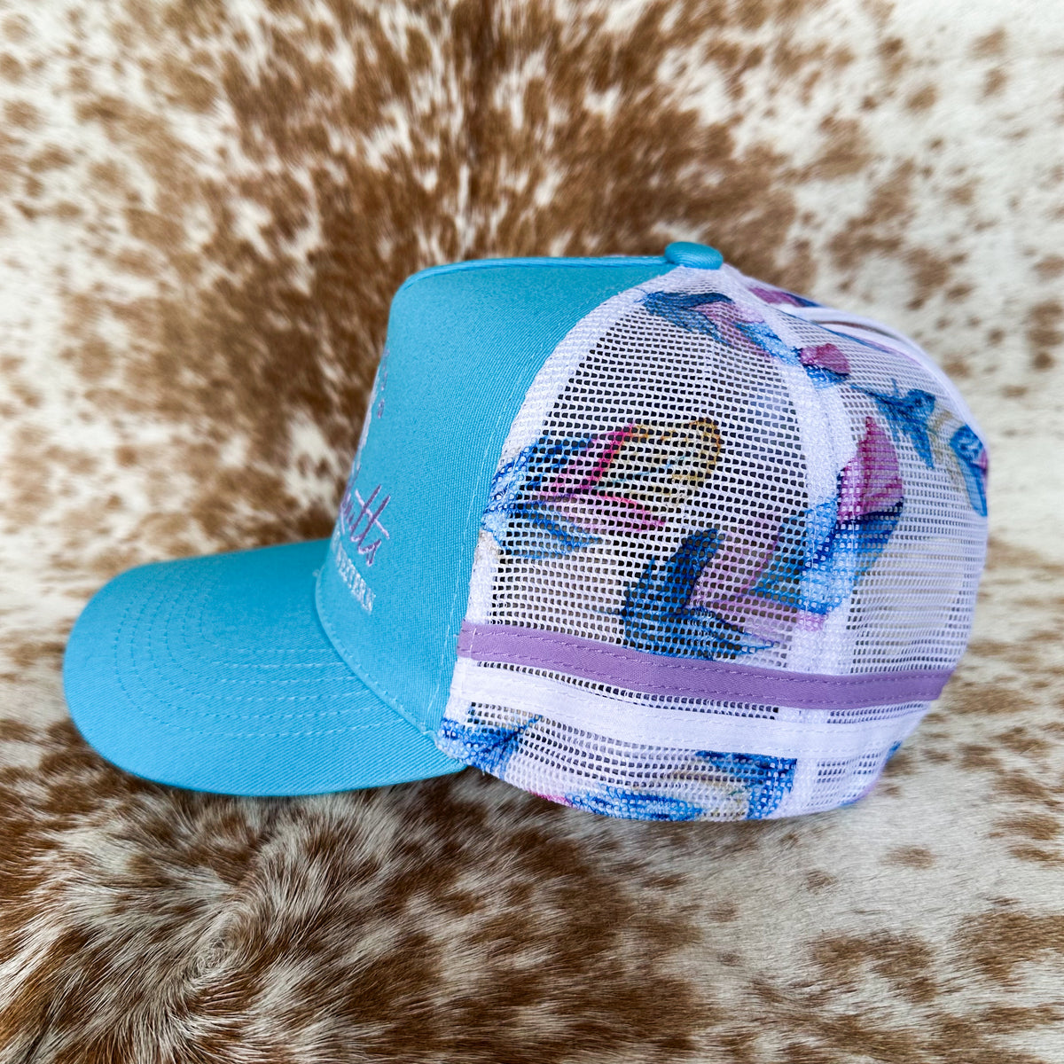 Dustybutts Trucker Cap // Ponytail // Light Blue & Feather