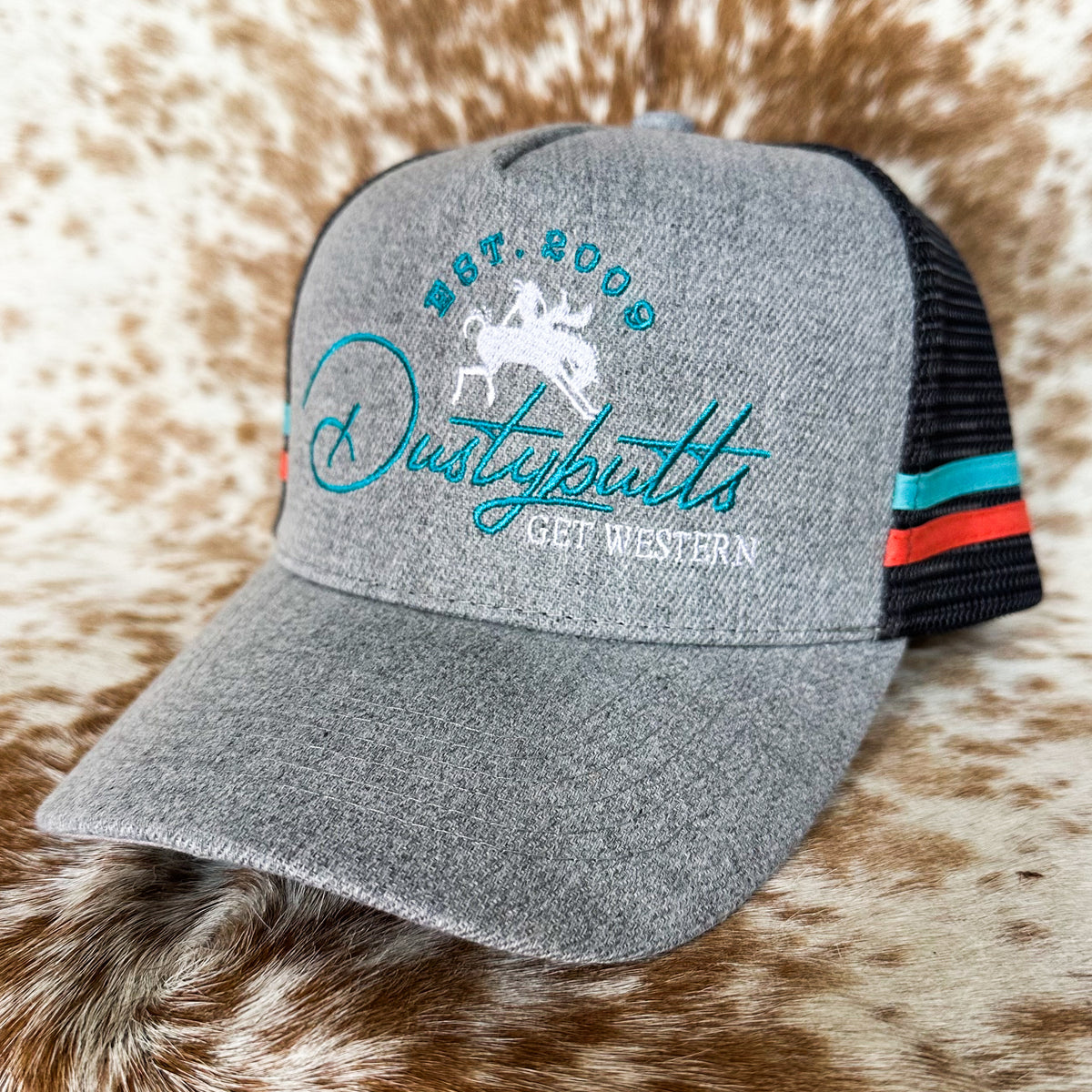 Dustybutts Trucker Cap // Ponytail // Grey, Turquoise & Coral