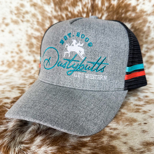 Dustybutts Trucker Cap // Ponytail // Grey, Turquoise & Coral