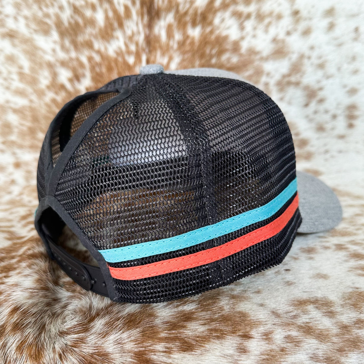 Dustybutts Trucker Cap // Ponytail // Grey, Turquoise & Coral