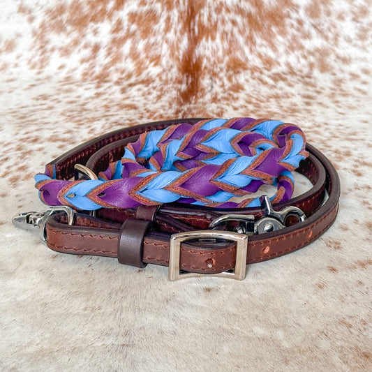 Dustybutts Twisted Bloodknot Barrel / Roping Reins - Turquoise & Purple