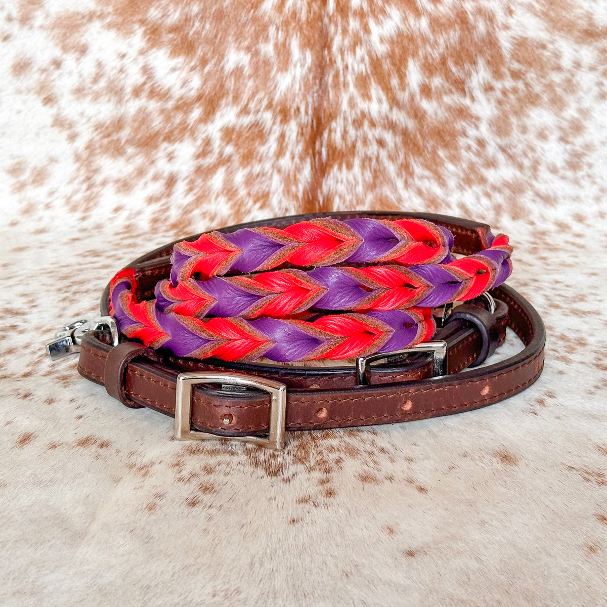 Dustybutts Twisted Bloodknot Barrel / Roping Reins - Red & Purple