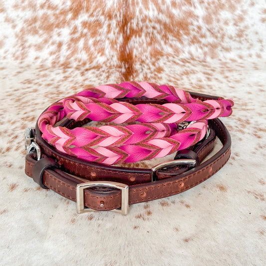 Dustybutts Twisted Bloodknot Barrel / Roping Reins -Light Pink & Dark Pink