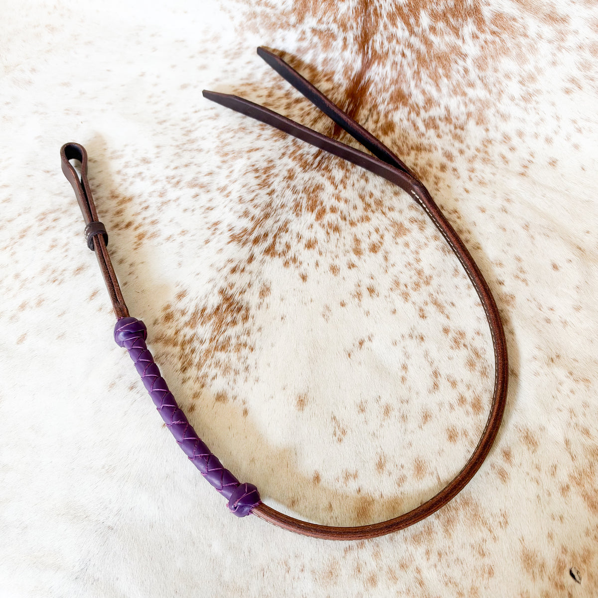 Dustybutts Rolled Harness Braided Leather Quirt / Purple