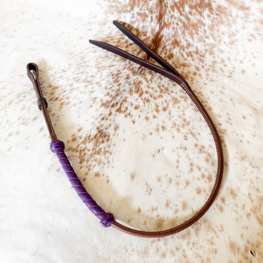 Dustybutts Rolled Harness Braided Leather Quirt / Purple
