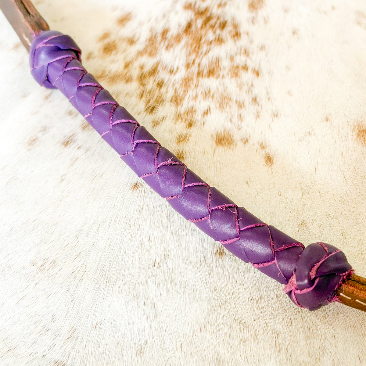 Dustybutts Rolled Harness Braided Leather Quirt / Purple