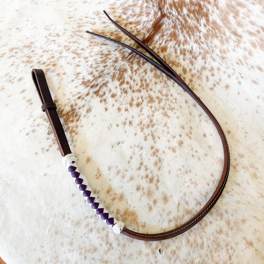Dustybutts Rolled Harness Braided Leather Quirt / White & Purple