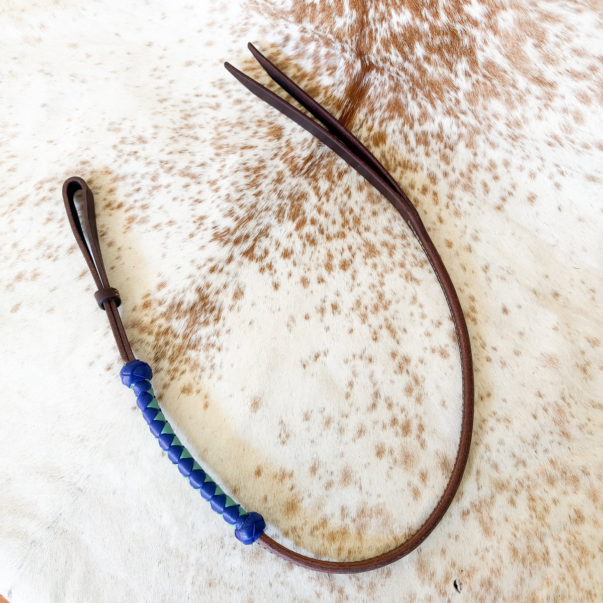Dustybutts Rolled Harness Braided Leather Quirt / Mint & Royal Blue