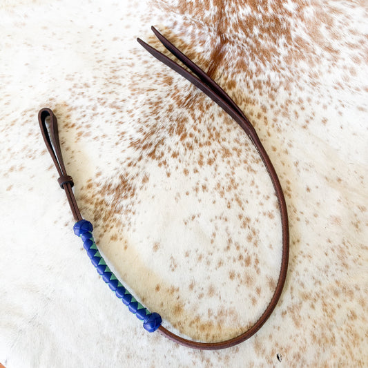 Dustybutts Rolled Harness Braided Leather Quirt / Mint & Royal Blue