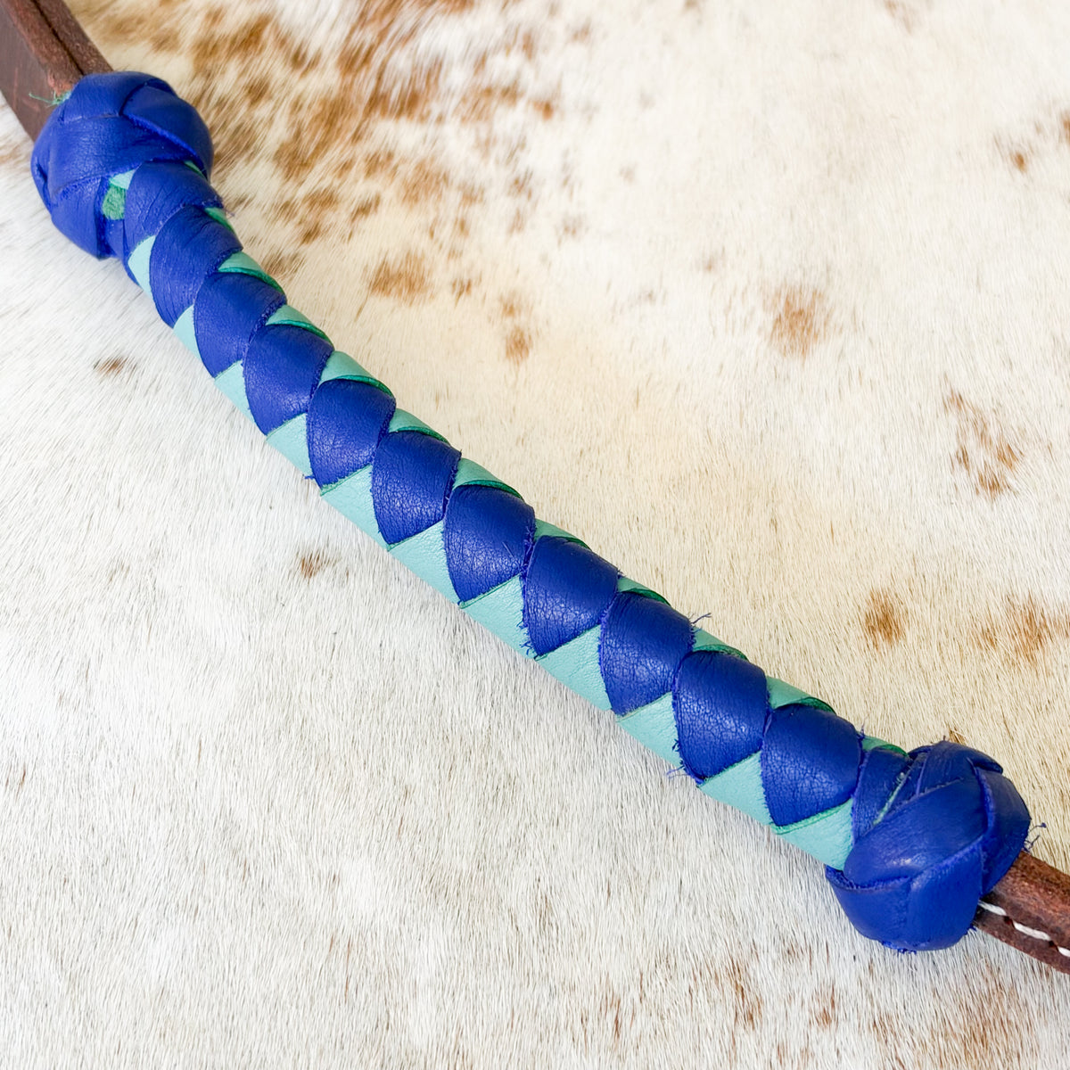 Dustybutts Rolled Harness Braided Leather Quirt / Mint & Royal Blue