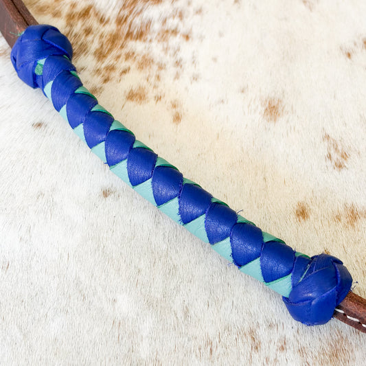 Dustybutts Rolled Harness Braided Leather Quirt / Mint & Royal Blue