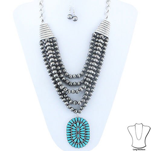 Layer Squash Blossom Necklace And Earring Set - Turquoise -  - Dustybutts Australia