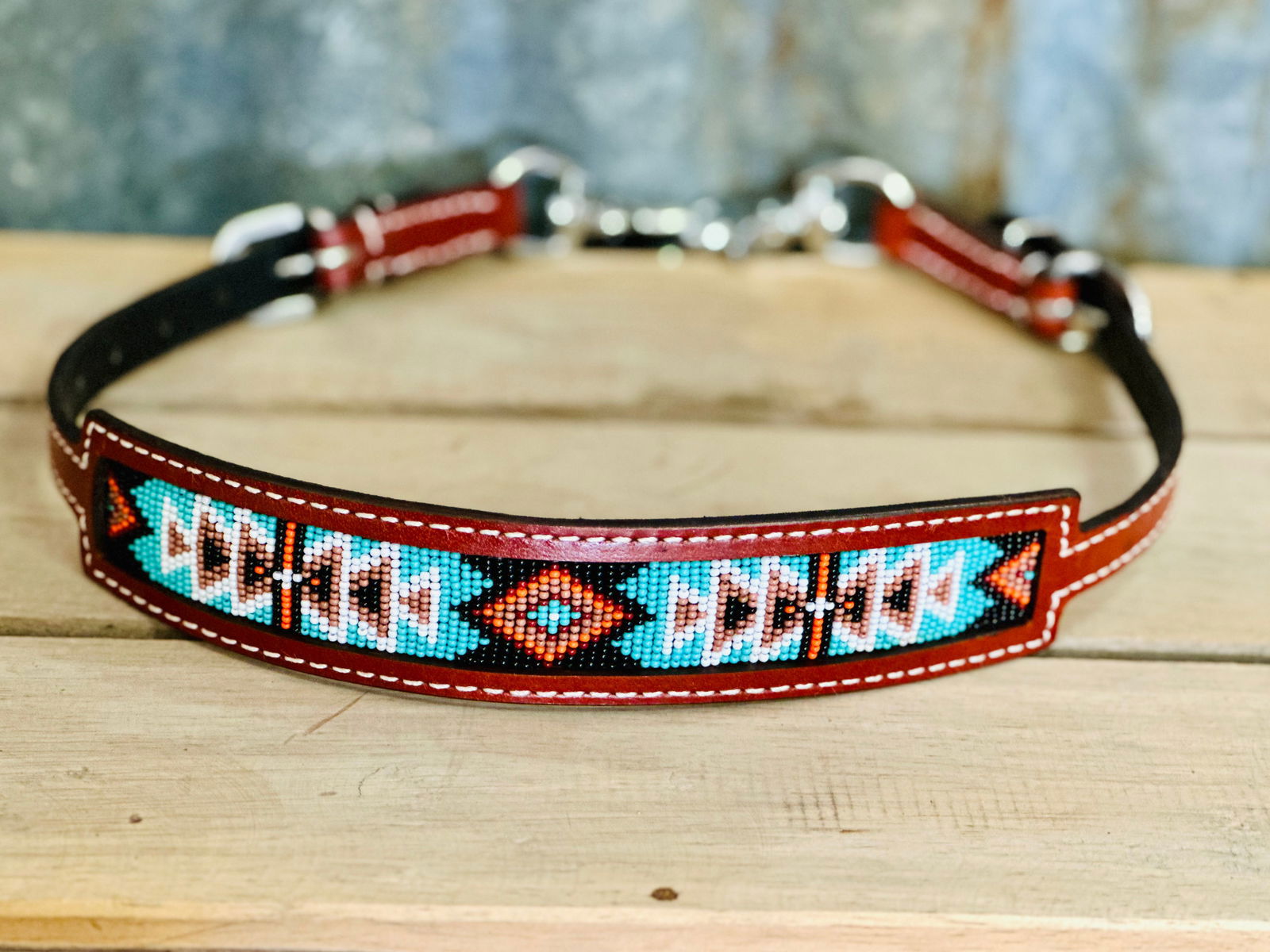 Medium Leather Wither Strap With Beaded Navajo Inlay - Dustybutts Australia