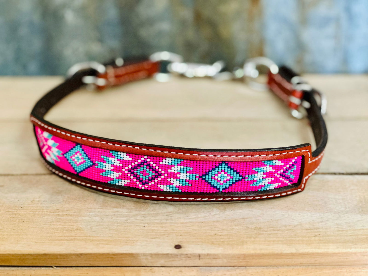 Medium Leather Wither Strap With Pink Beaded Navajo Inlay - Dustybutts Australia