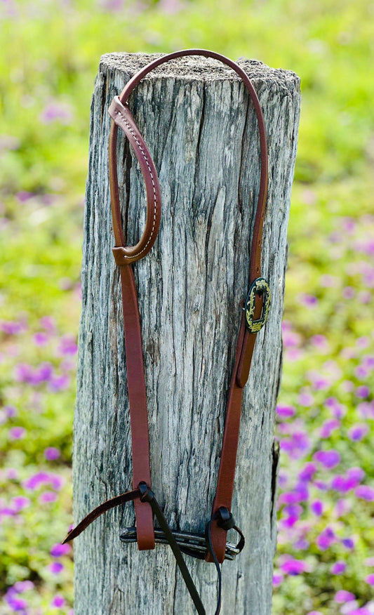 Oiled Harness Single Ear Bridle With Floral Antique Buckle - Dustybutts Australia