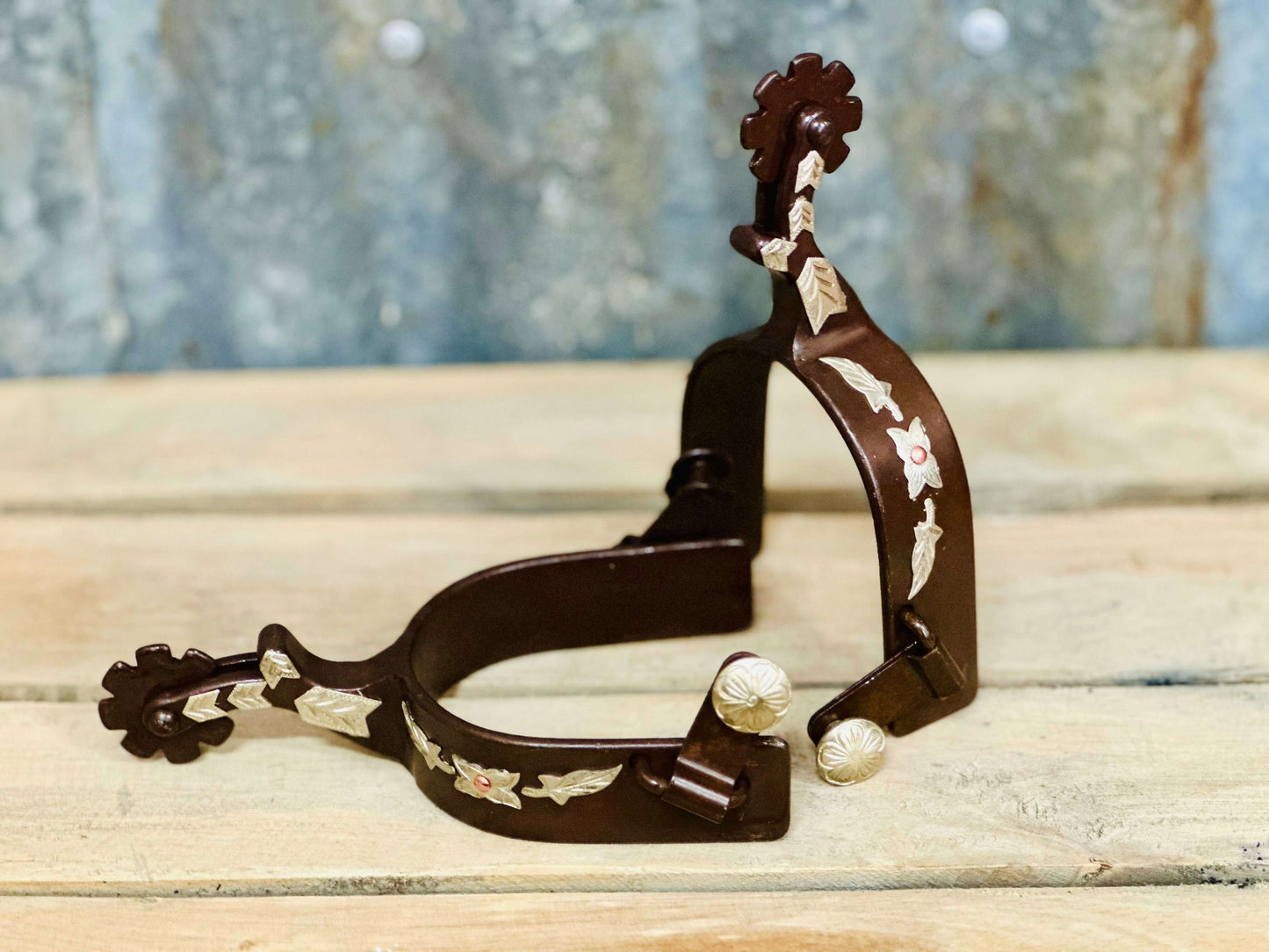 Antique Brown Engraved Spur with Silver Arrow Overlay