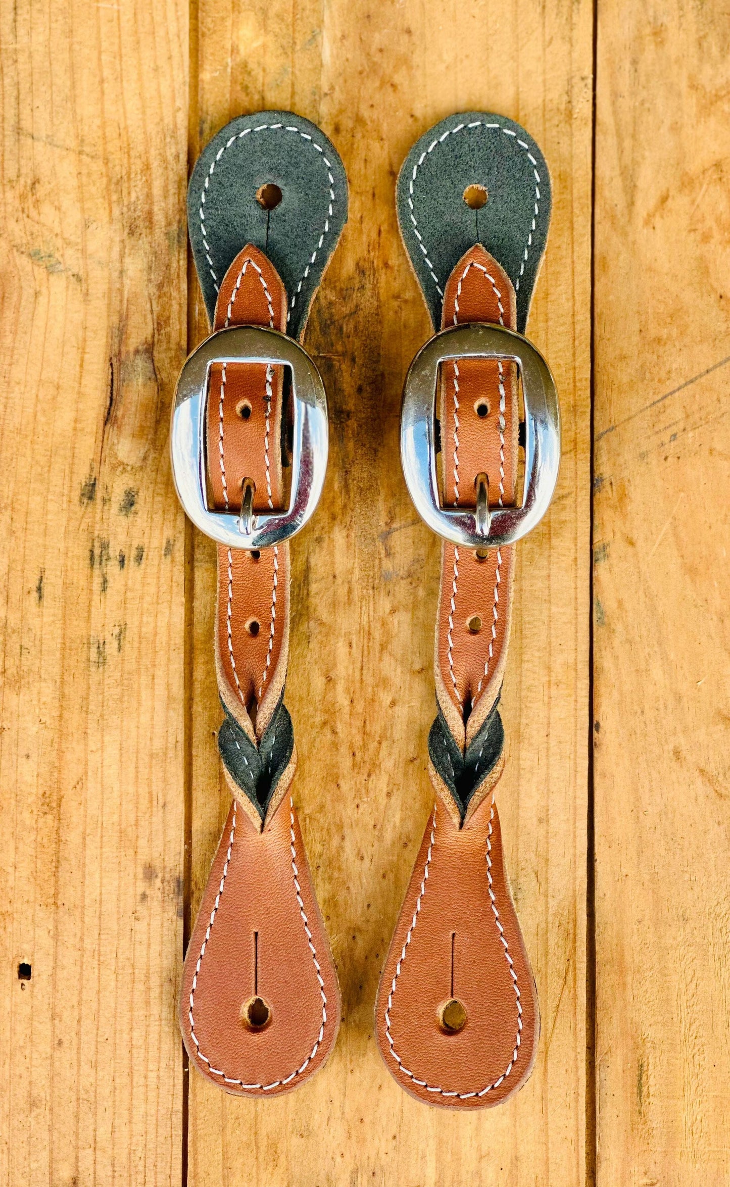 Dustybutts Harness Leather Twisted Spur Straps // Brown & Grey