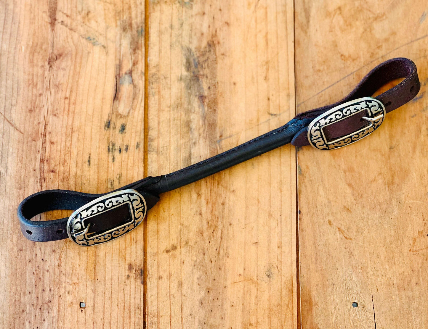 Dustybutts Rolled Leather Curb Strap With Floral Engraved Buckle