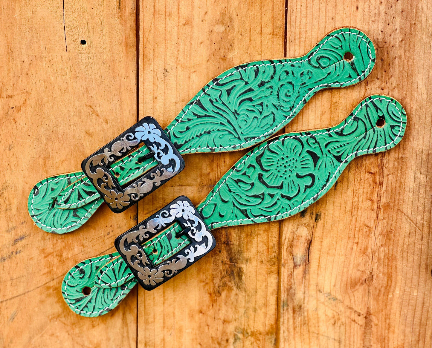 Dustybutts Teal Filigree Leather Spur Straps // Antique Floral Buckles