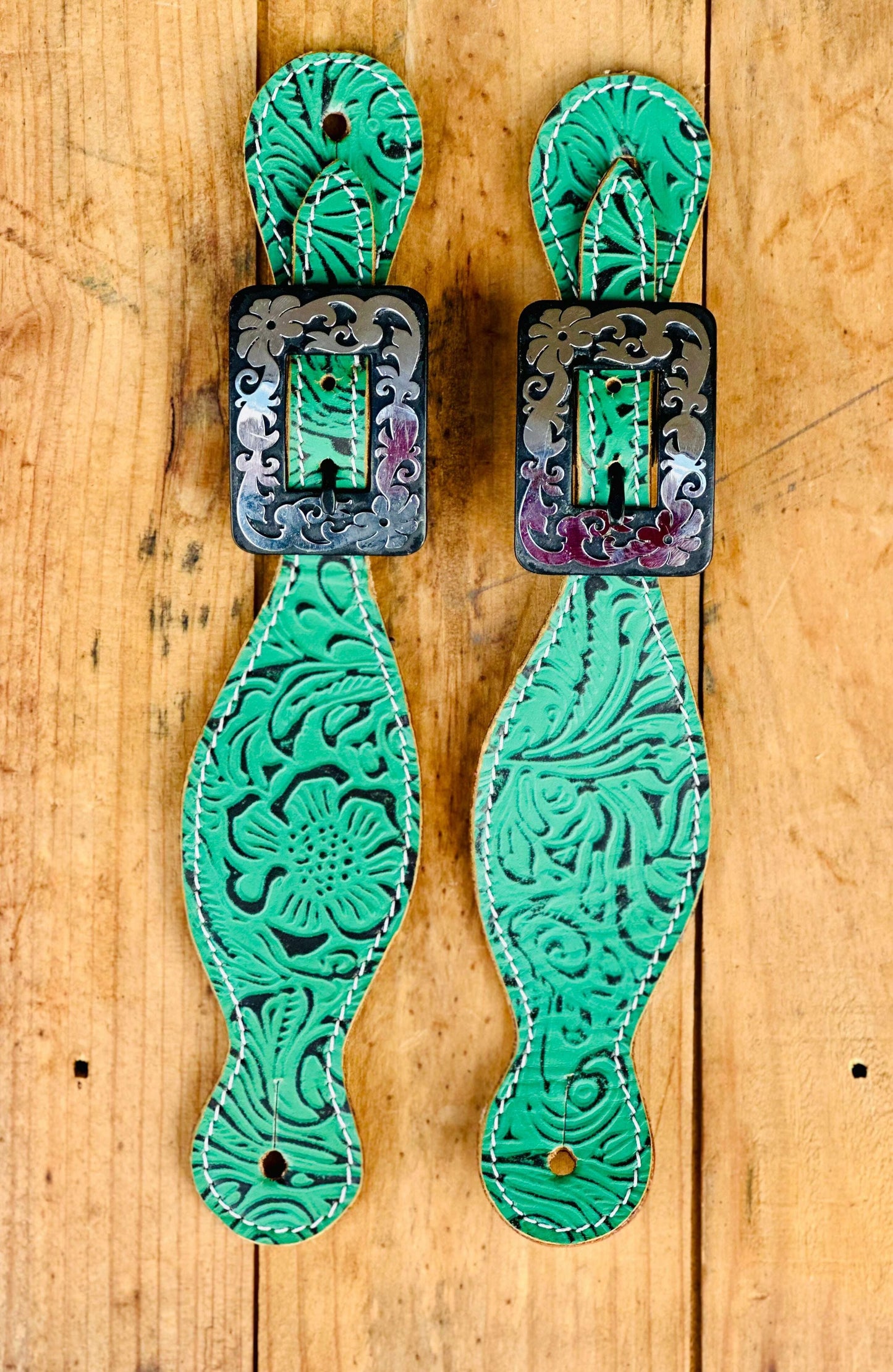 Dustybutts Teal Filigree Leather Spur Straps // Antique Floral Buckles