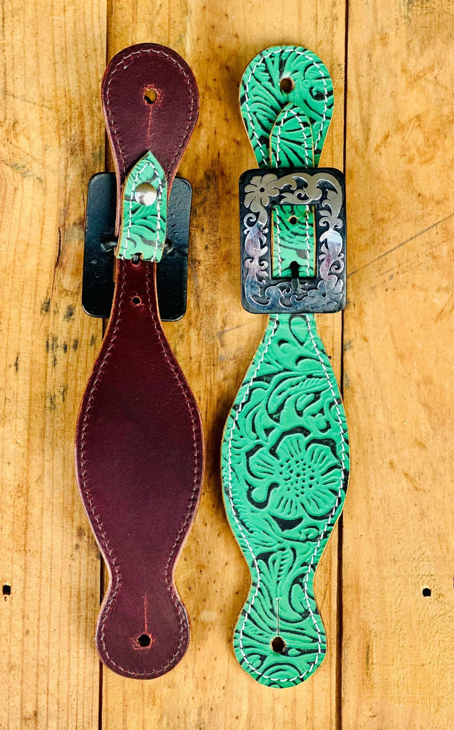 Dustybutts Teal Filigree Leather Spur Straps // Antique Floral Buckles