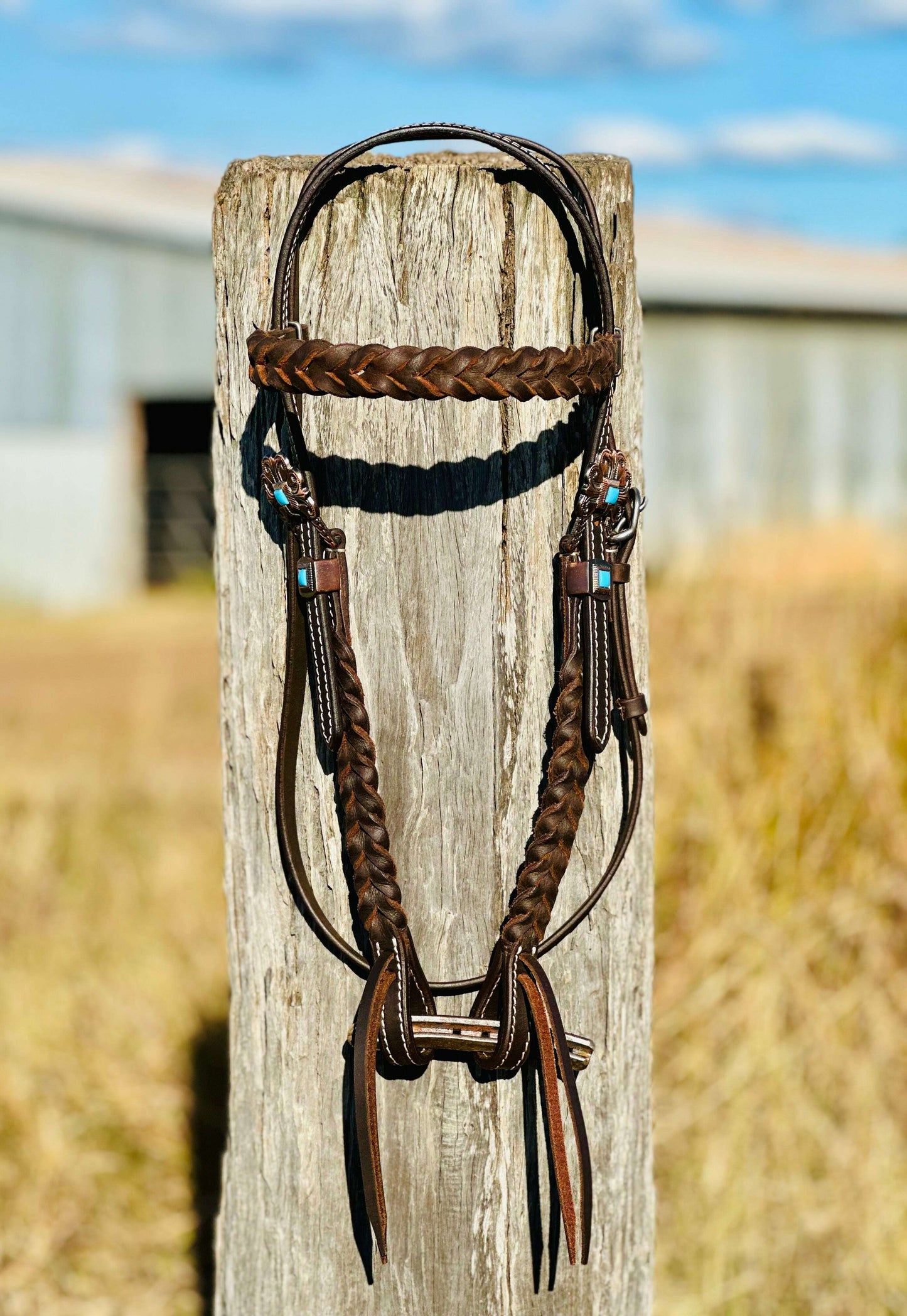 Harness Leather Braided Browband Bridle With Copper Buckle & Turquoise Stone Detail