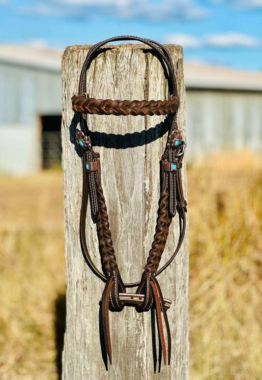 Harness Leather Braided Browband Bridle With Copper Buckle & Turquoise Stone Detail