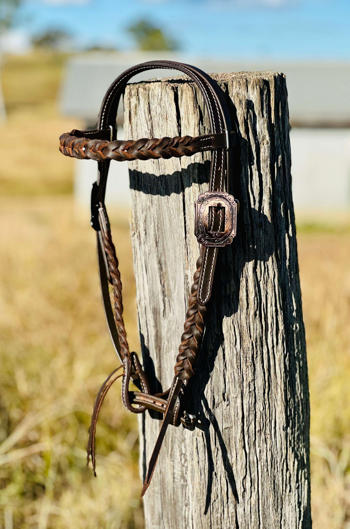 Harness Leather Braided Browband Bridle With Copper Engraved Buckle