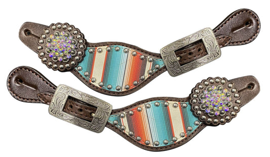 Women’s Leather Spur Straps With Teal Serape Print