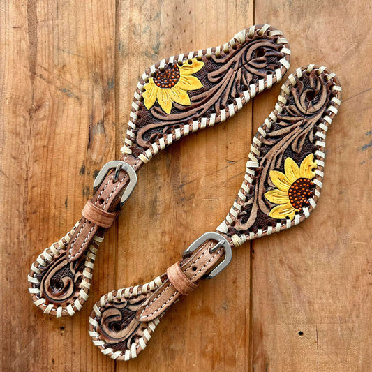 Ladies Hand Painted Sunflower Design Spur Straps