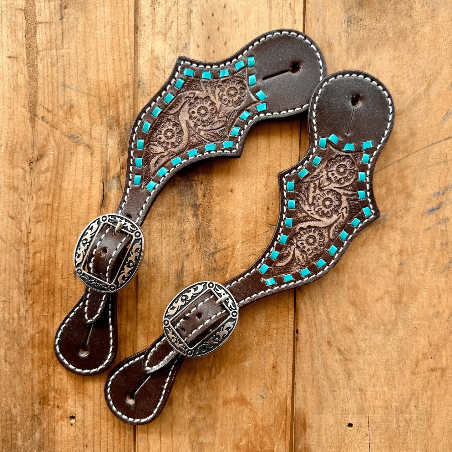 Leather Spur Straps With Floral Design & Teal Buckstitch