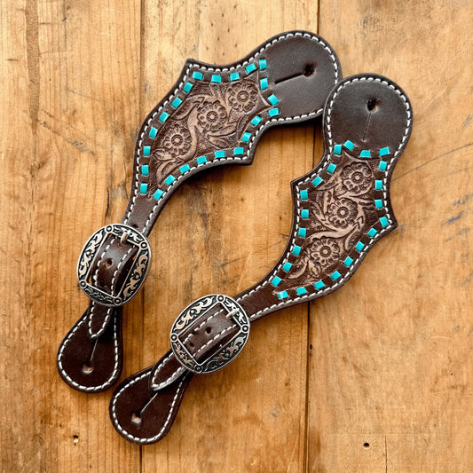 Leather Spur Straps With Floral Design & Teal Buckstitch