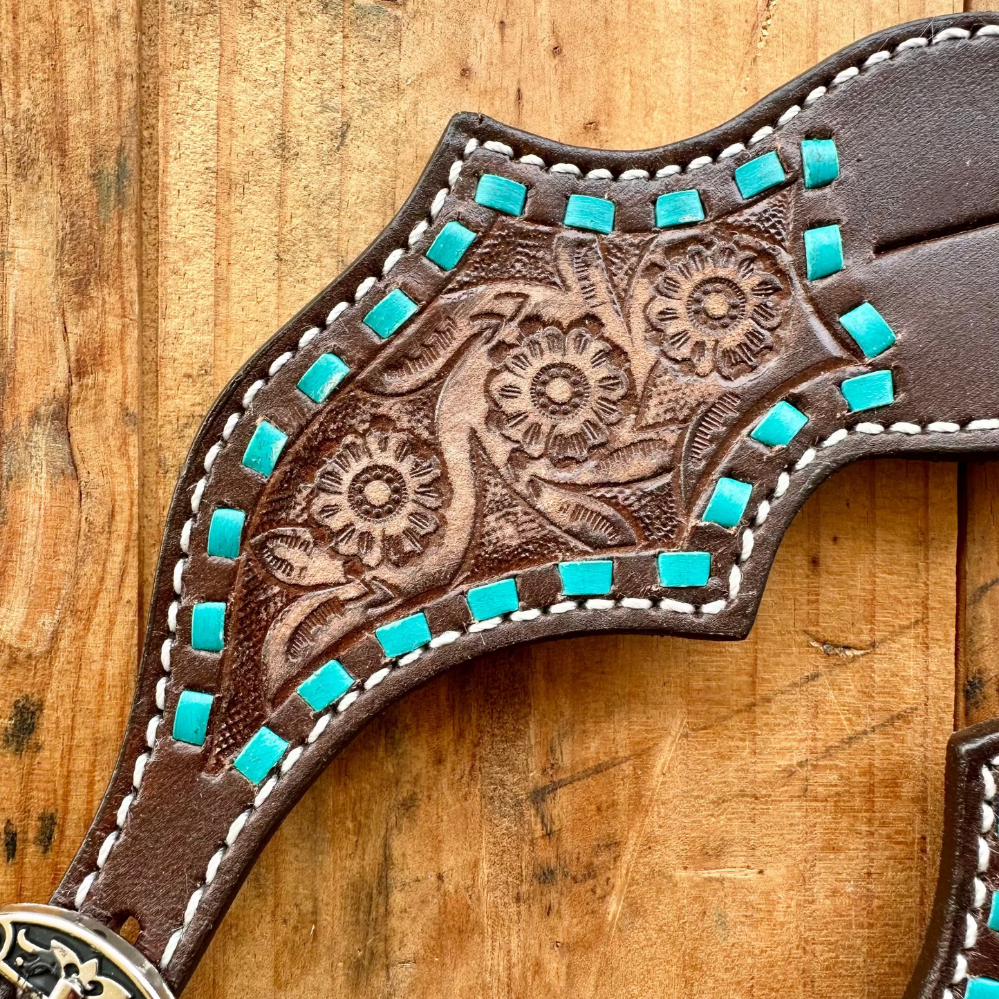 Leather Spur Straps With Floral Design & Teal Buckstitch