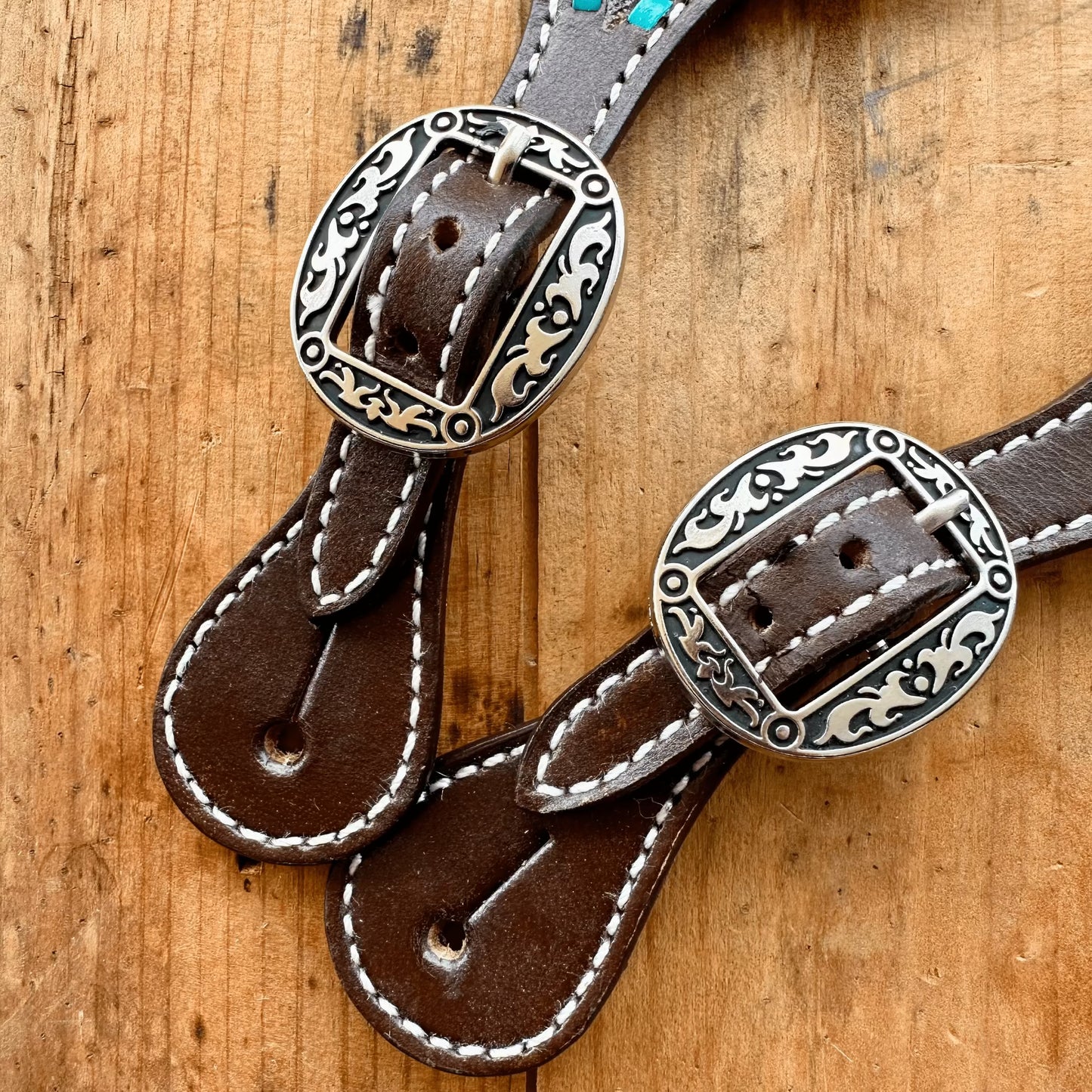 Leather Spur Straps With Floral Design & Teal Buckstitch