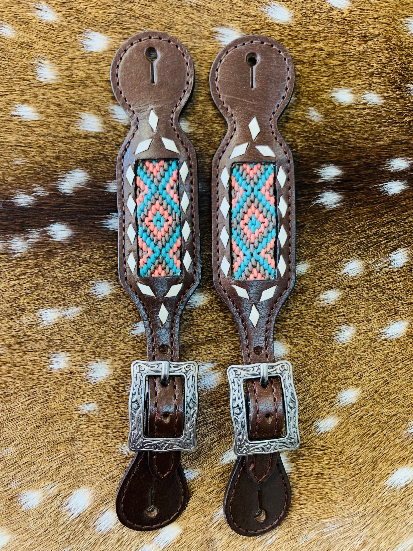 Women’s Leather Spur Straps With Woven Fabric Inlay