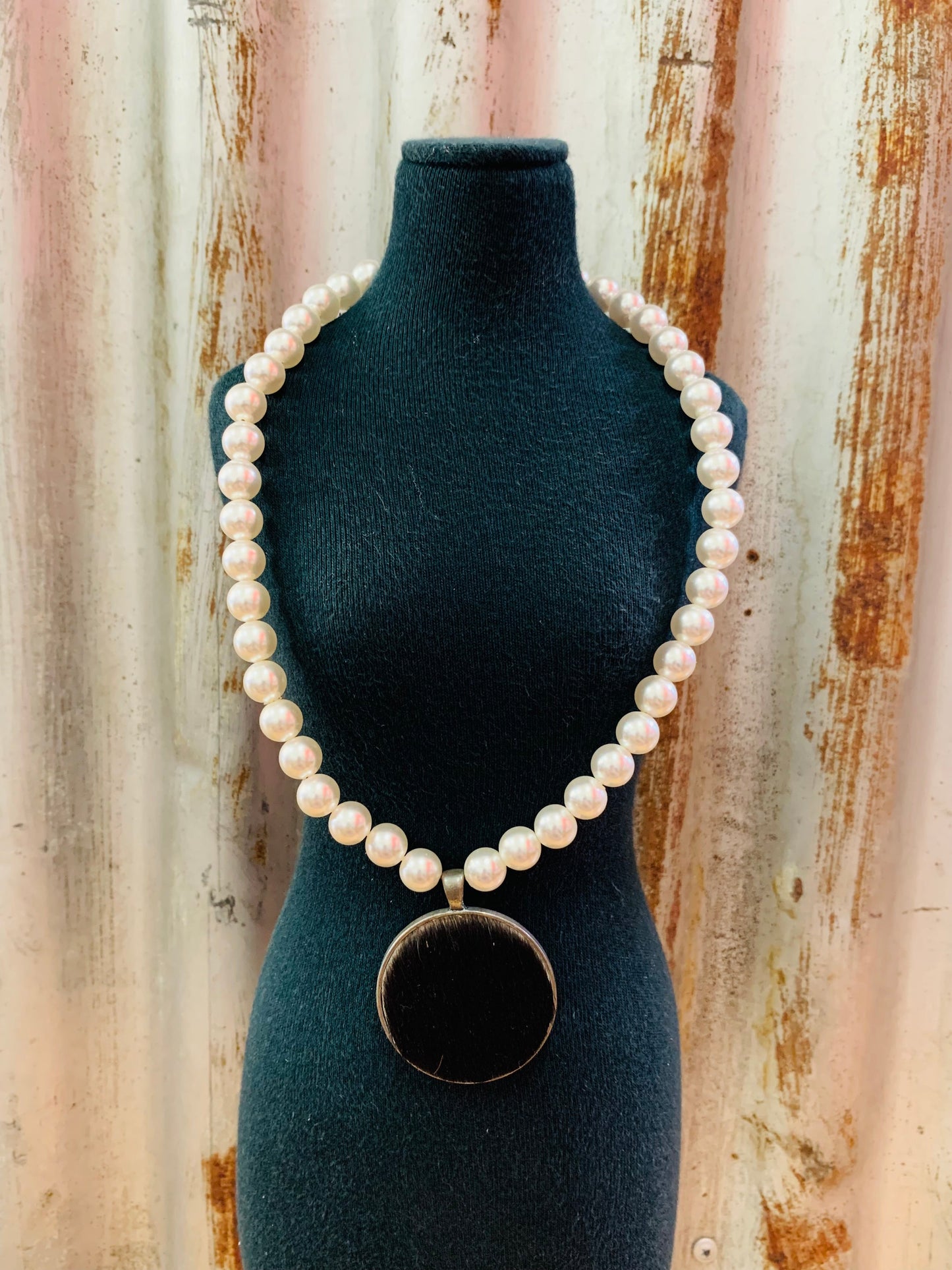Beaded Pearl Necklace/ Chocker With Round Cowhide Pendant