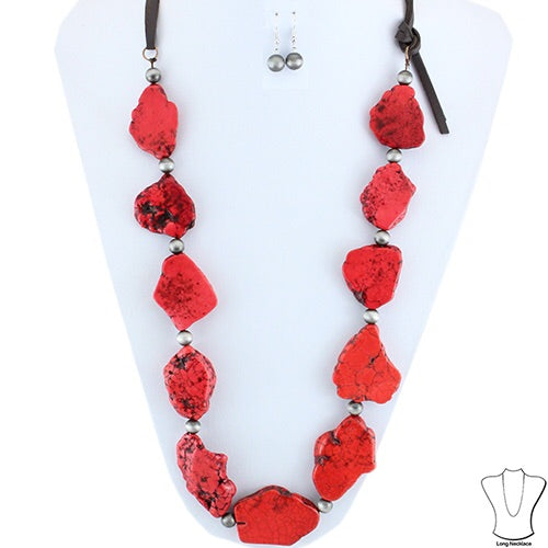 Stone Necklace & Earring Set With Leather Straps - Red